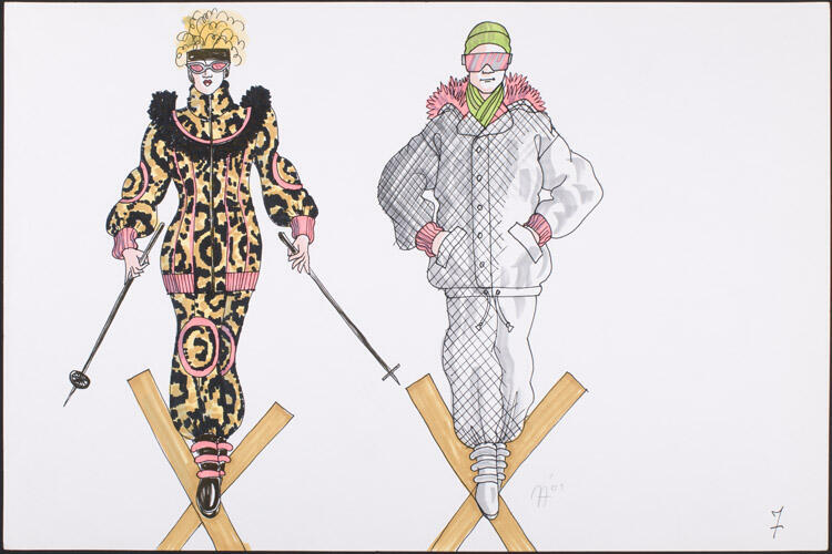 Kostuumontwerp voor skipak gedragen door Karin Bloemen in De diva en de divan, en kostuumontwerp voor skipak van de skileraar