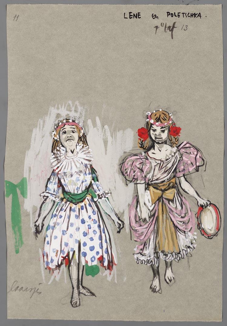Kostuumontwerp voor Lene en Poletschka uit Raskolnikoff (Heinrich Sutermeister)