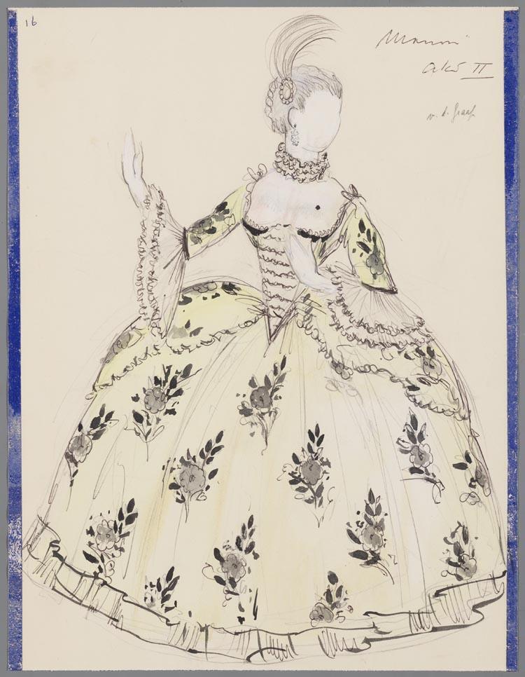 Kostuumontwerp voor Anneke van der Graaf als Manon in Manon Lescaut (Giacomo Puccini) door Karel Bruckman
