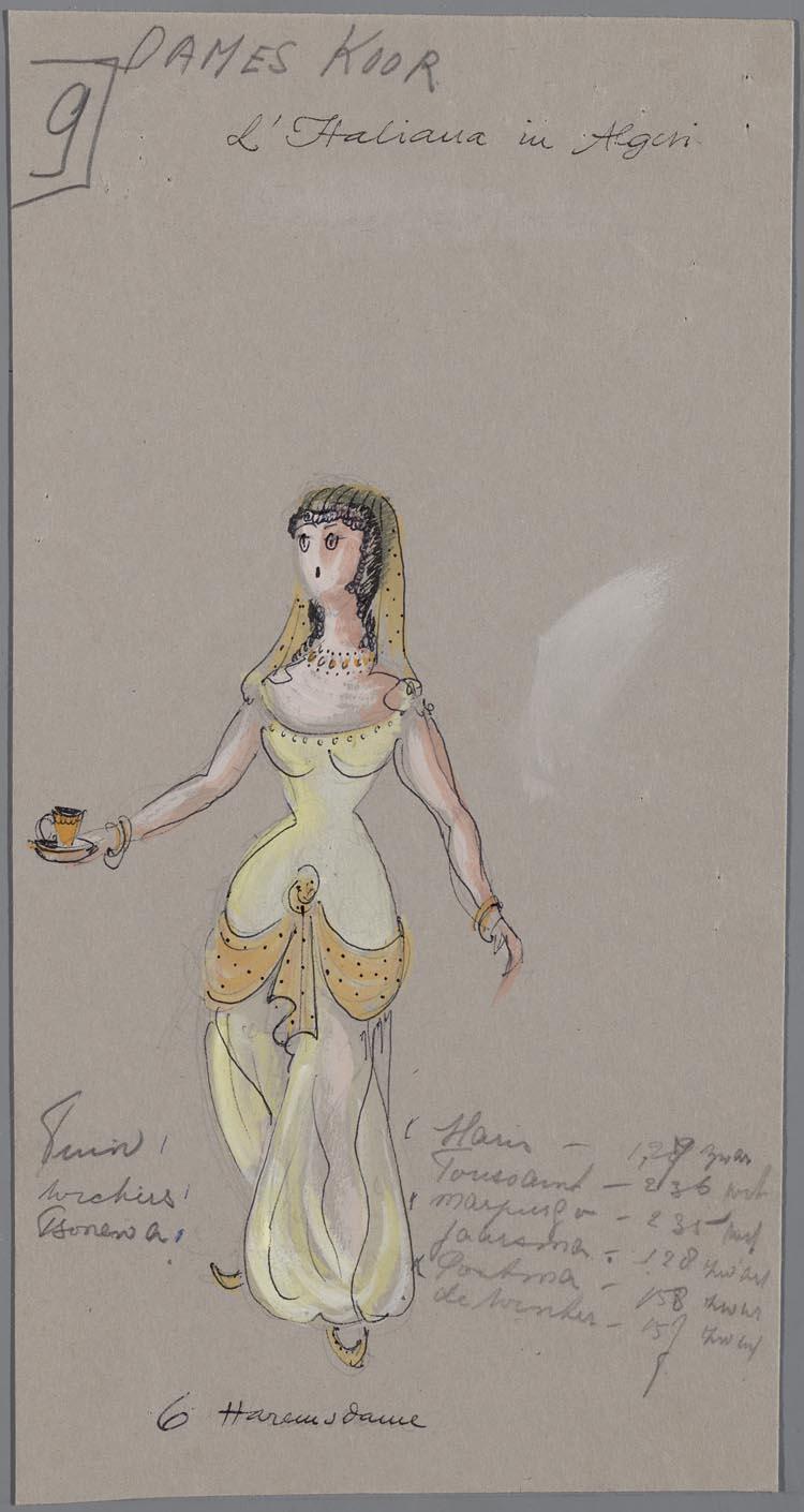 Kostuumontwerp voor de haremdames van het ballet in l' Italiana in Algeri (Gioacchino Rossini) door Jan Schlubach