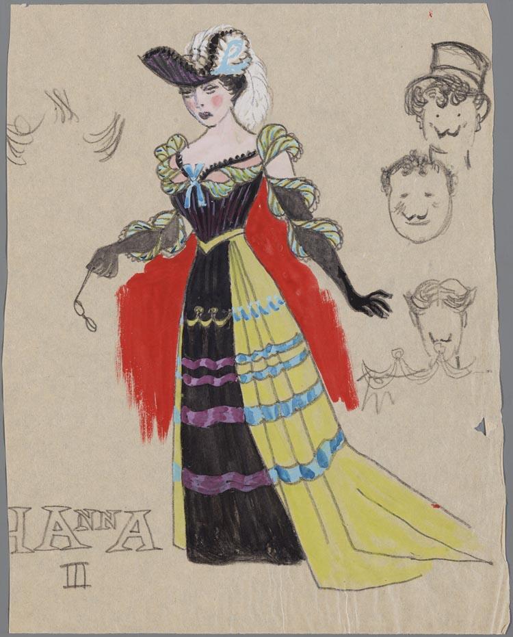 Kostuumontwerp voor Louise de Vries als Hanna in Die Lustige Witwe (Franz Léhar) door Theo Kurpershoek