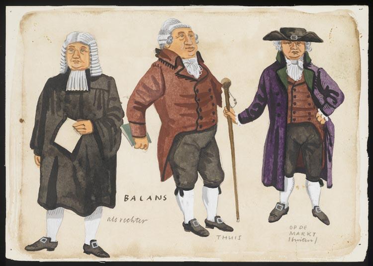 Kostuumontwerp voor Balans, als rechter, thuis en op de markt in Trommels en Trompetten door Herman Berserik