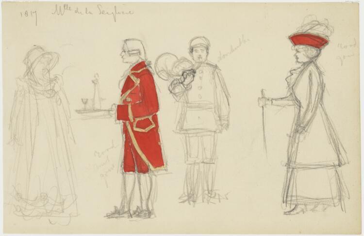 Schetsblad met personnages en kostuums uit Mademoiselle de Seiglière