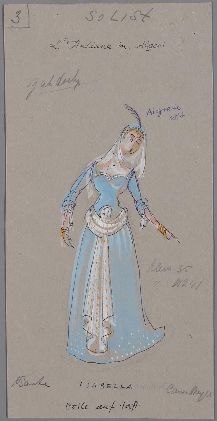 Kostuumontwerp voor Cora Canne Meijer als Isabella in l' Italiana in Algeri (Gioacchino Rossini) door Jan Schlubach
