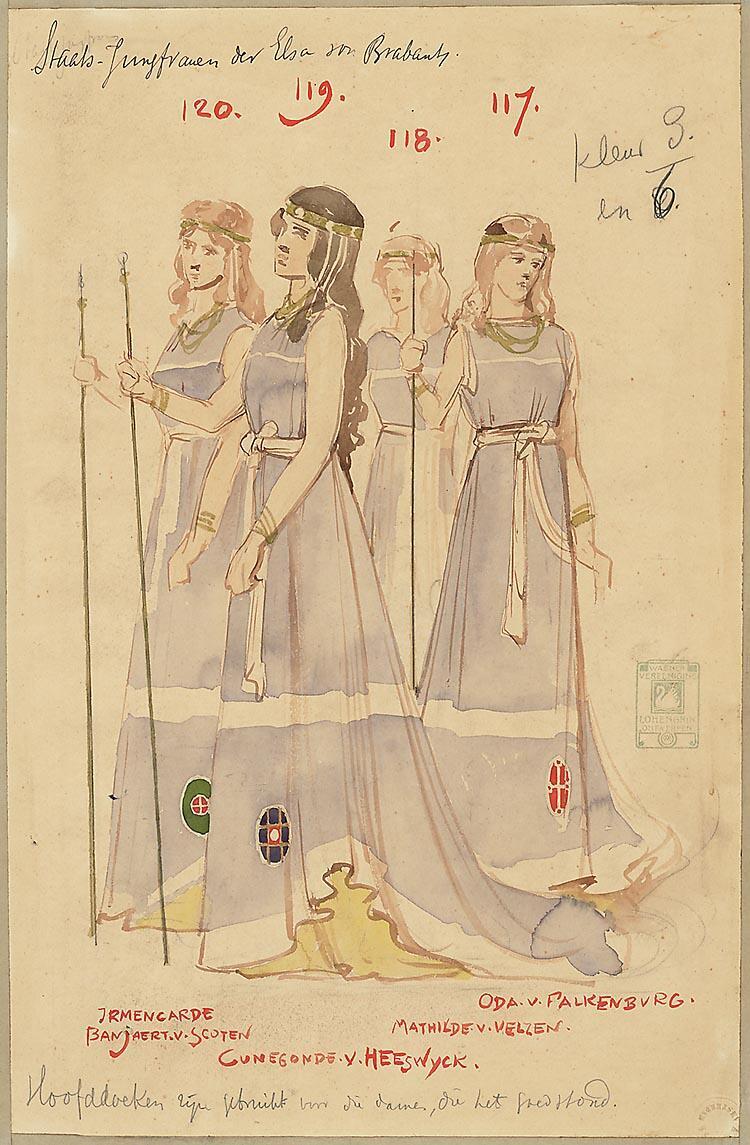 Kostuumontwerp voor Irmengarde Banjaert van Scoten, Gunegonde van Heeswyck, Mathilde van Velzen en Oda van Falkenburg: de Staats-Jungfrauen van Elsa von Brabant in Lohengrin