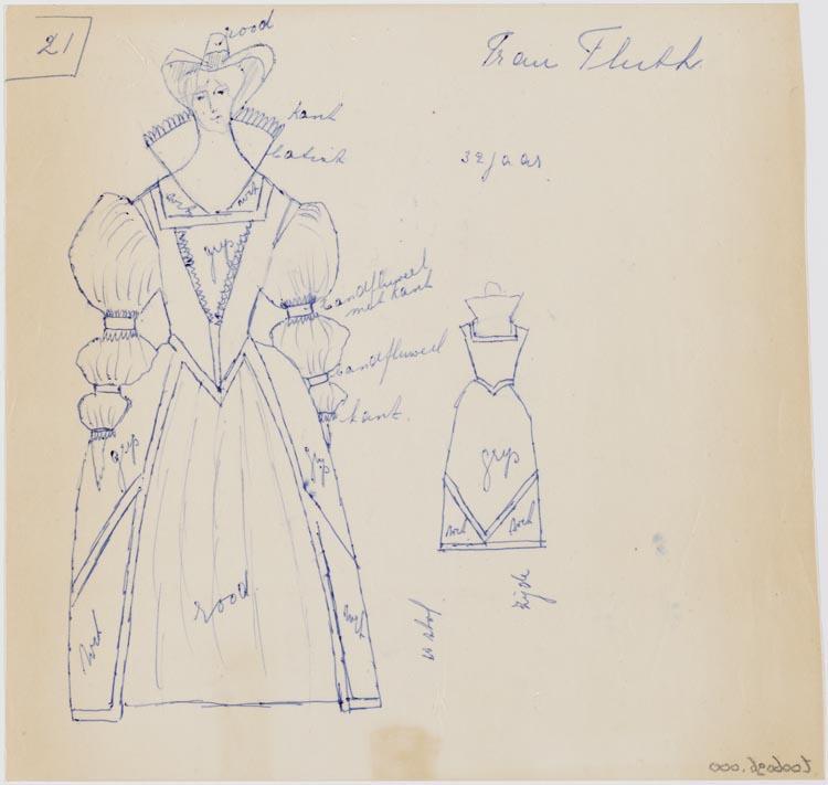 Kostuumontwerp voor Erna Spoorenberg als Frau Fluth in Die Lustigen Weiber von Windsor (Otto Nicolai) door Ruodi Barth