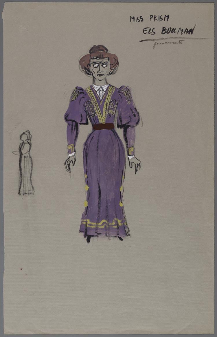Kostuumontwerp voor Miss Prism uit De ernst van Ernst (Oscar Wilde)