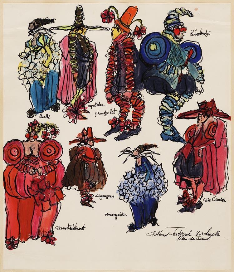 Overzicht van kostuumontwerpen voor Lucelle (Holland Festival 1968)