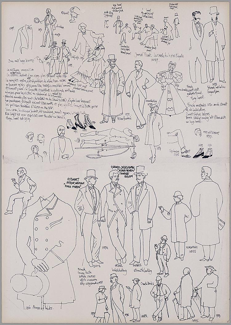 Kostuumontwerpen voor diverse figuren in dubbelproject Van de koele meren des doods en De lamp hangt scheef (Dubbelportret van de jaren tachtig)