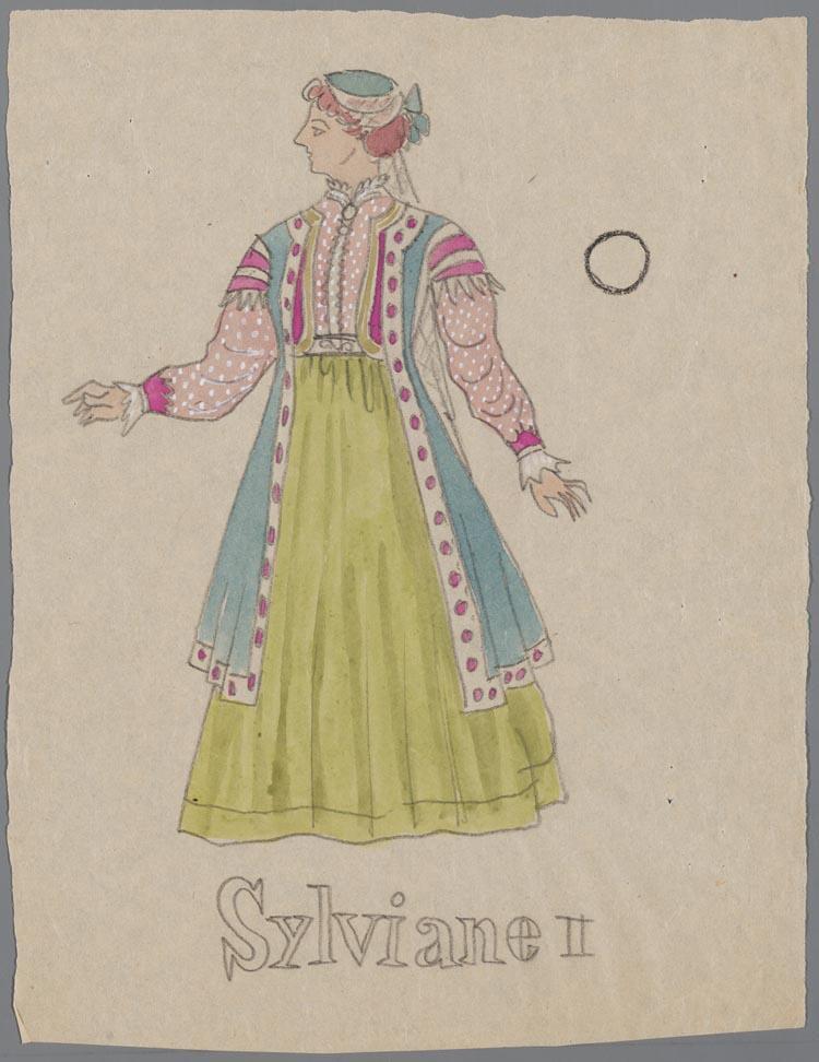 Kostuumontwerp voor Freda Nilsson als Sylviane in Die Lustige Witwe (Franz Léhar) door Theo Kurpershoek