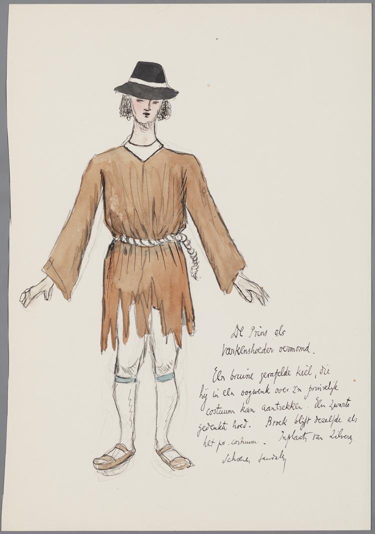 Kostuumontwerp voor Johan van der Zalm als De Prins (als varkenshoeder) in De Varkenshoeder door Harry Prenen