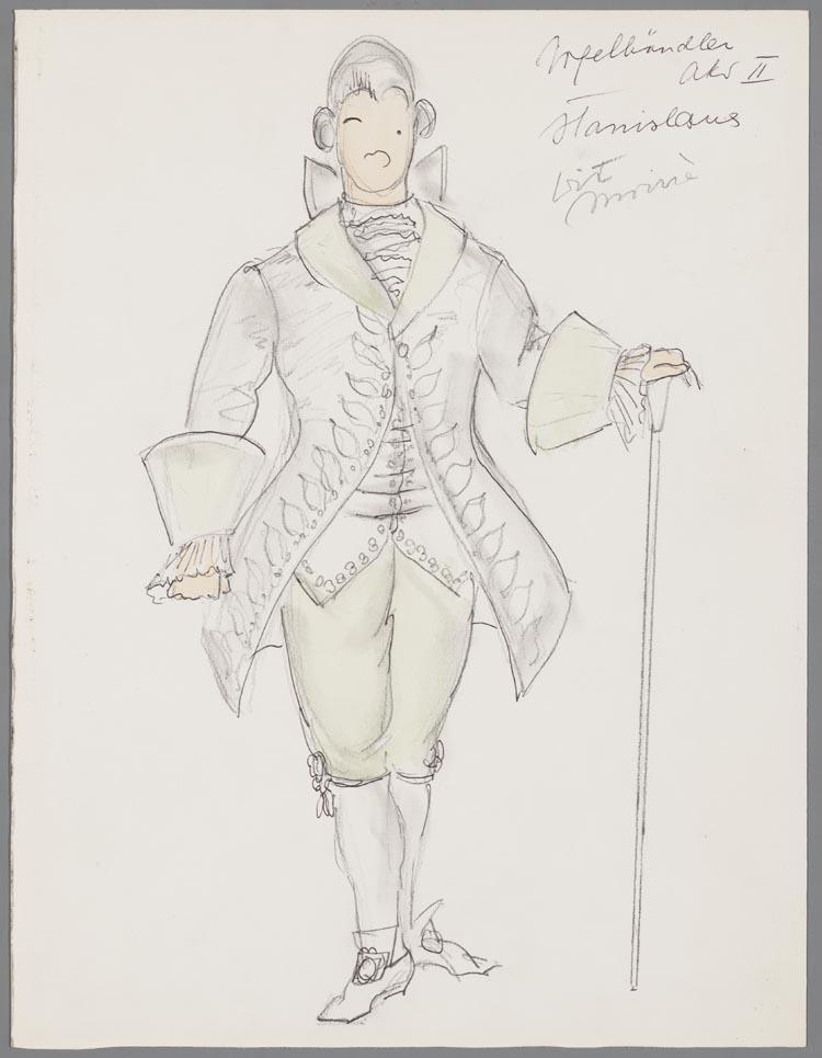 Kostuumontwerp voor Johan van Haagen als Graf Stanislaus in Der Vogelhändler (Carl Zeller) door Karel Bruckman