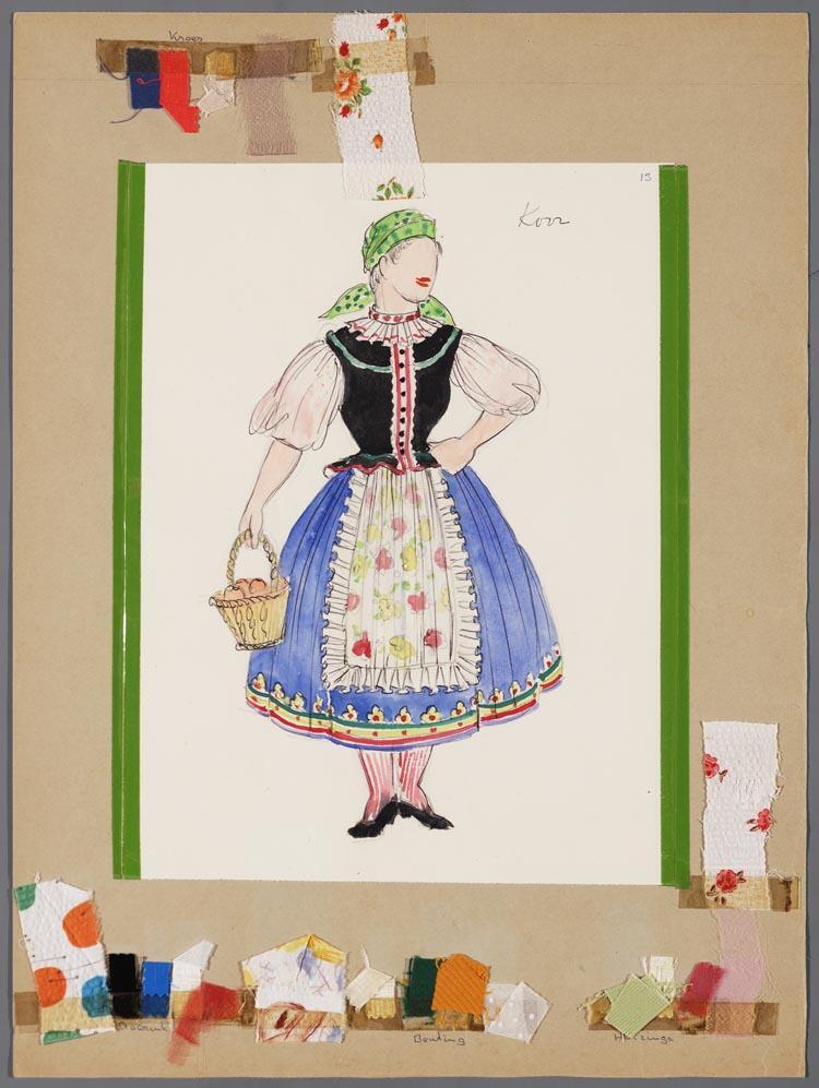 Kostuumontwerp voor een vrouw uit het koor in De verkochte bruid (F. Smetana) door Karel Bruckman