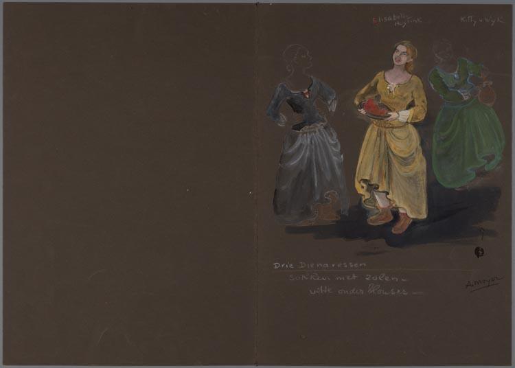 Kostuumontwerp voor Sigrid Koetse, Elisabeth Hoytink en Kitty van Wijk als dienaressen in Macbeth