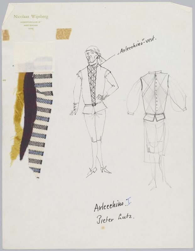Kostuumontwerp voor Pieter Lutz als Arlecchino in Wie trouwt de weduwe?