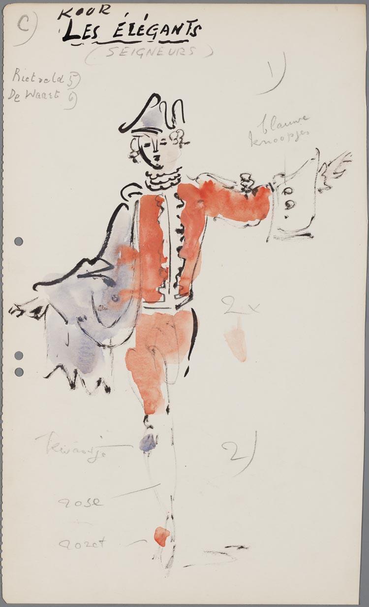 Kostuumontwerp voor een man uit het koor Les Elegants uit Manon (Jules Massenet) door Gerard Hordijk