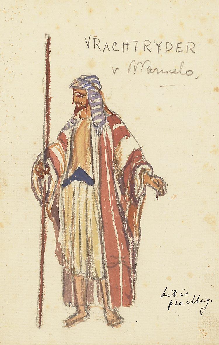 Kostuumontwerp voor Mari van Warmelo als de Vrachtrijder in Joseph in Dothan