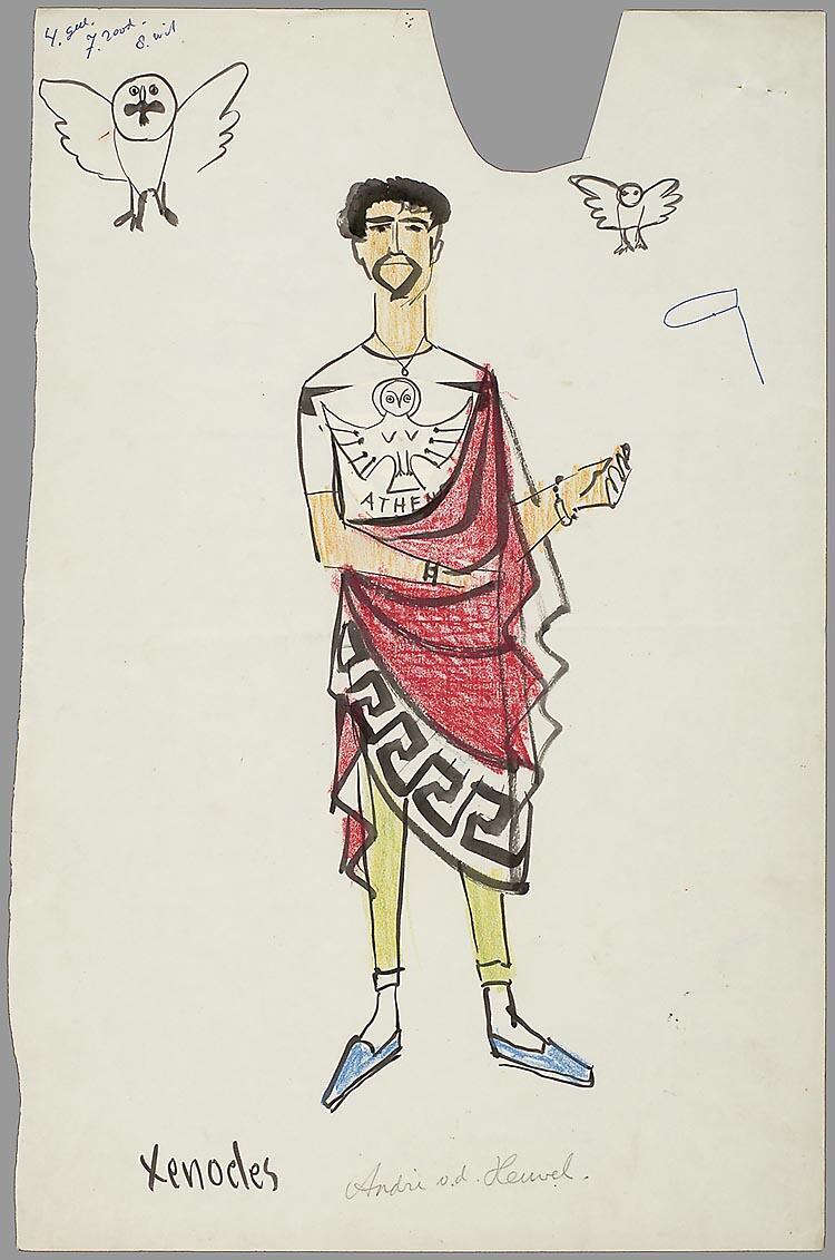 Kostuumontwerp voor André van den Heuvel als Xenocles in Lysistrata; of De vrouwenstaking