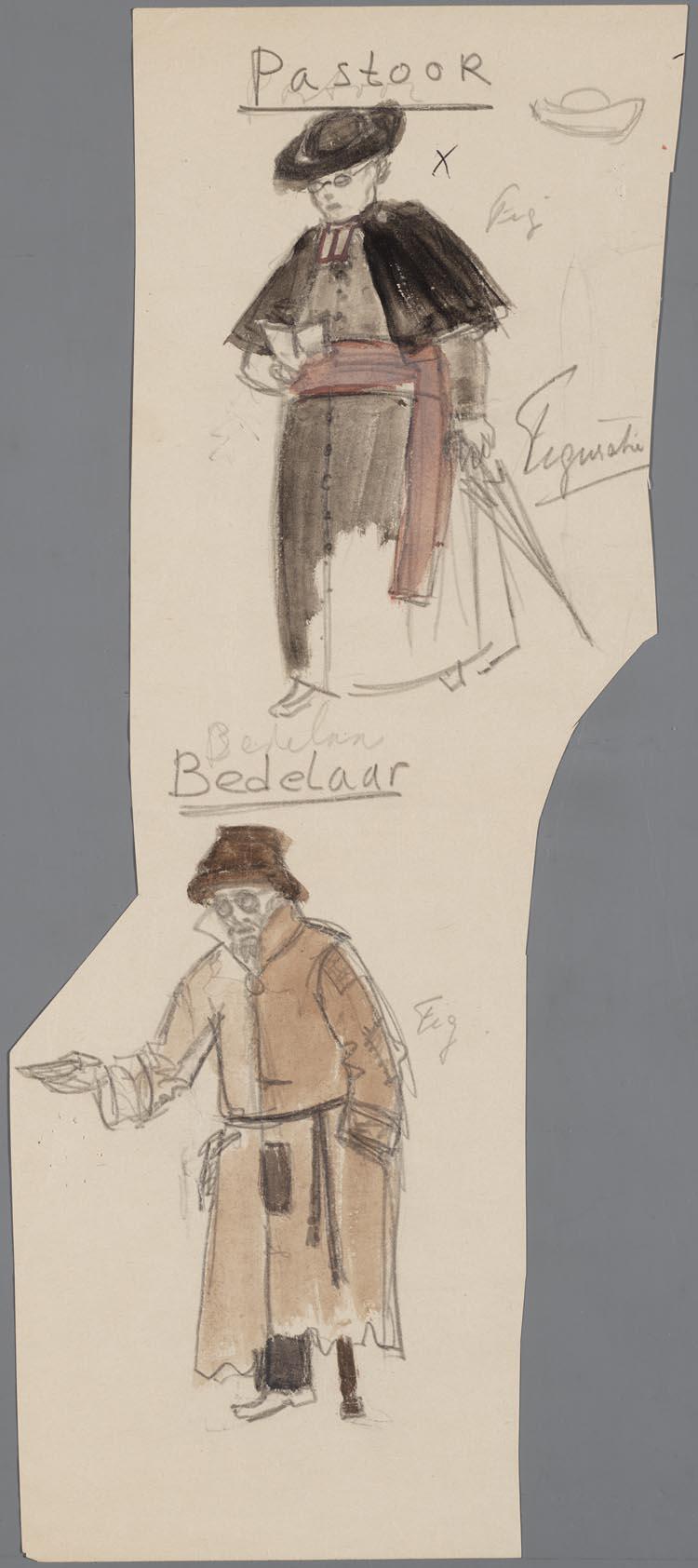 Kostuumontwerp voor een pastoor en een bedelaar uit La Bohème