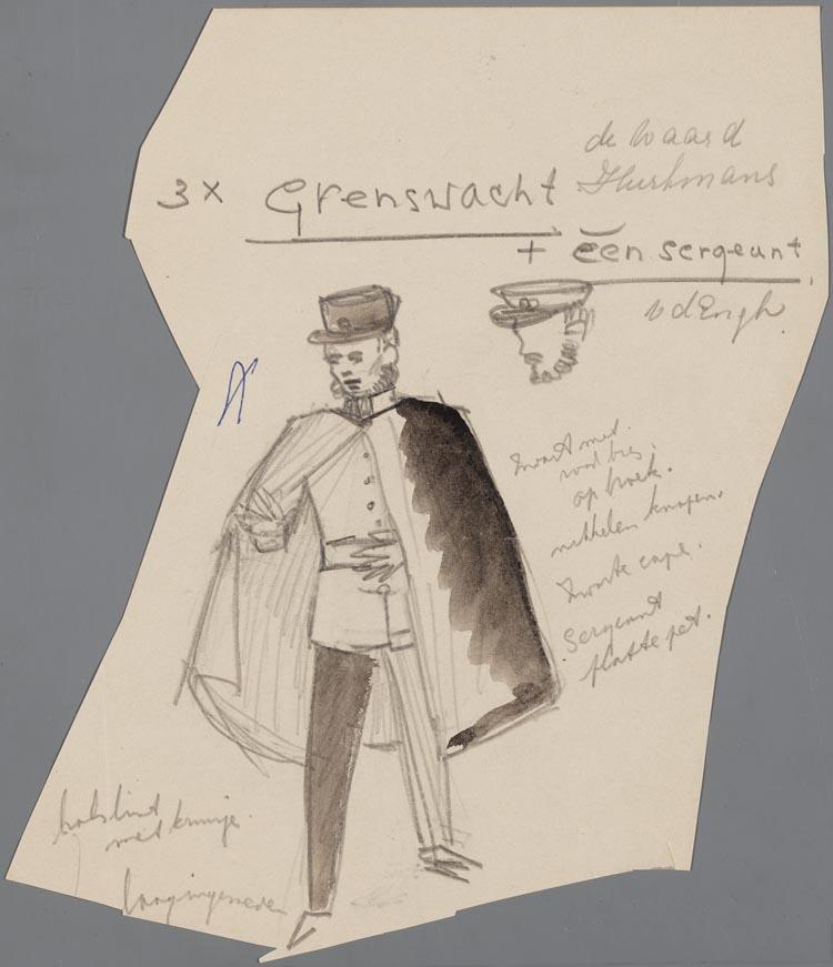 Kostuumontwerp voor een grenswacht en een sergeant uit La Bohème