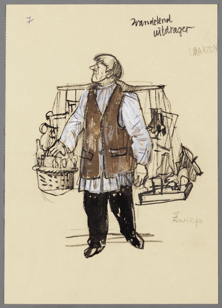 Kostuumontwerp voor een wandelende uitdrager uit Raskolnikoff (Heinrich Sutermeister)