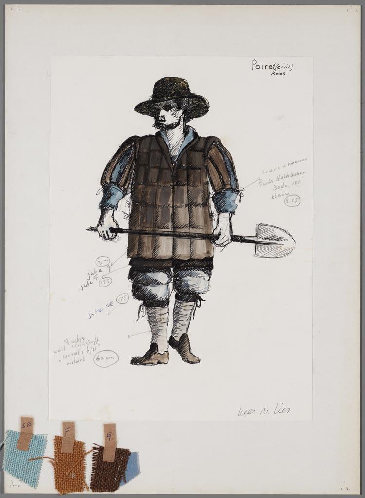 Kostuumontwerp voor Poiret (Kees van Lier) in Colas Breugnon of God in Frankrijk door De Haagse Comedie