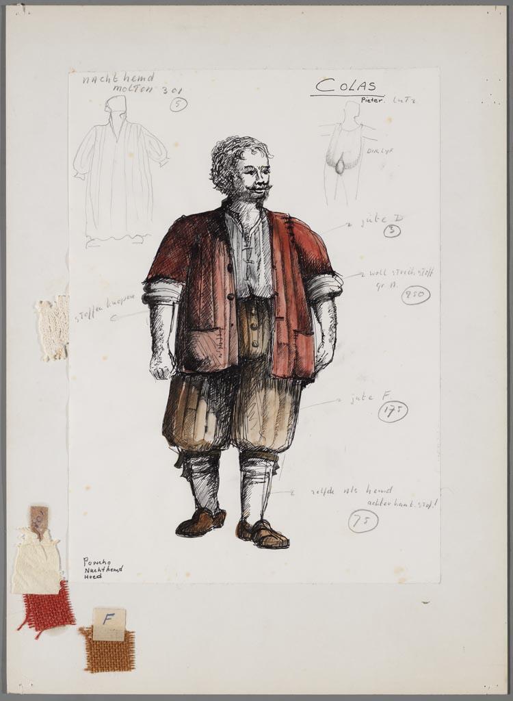 Kostuumontwerp voor Colas (Pieter Lutz) in Colas Breugnon of God in Frankrijk door De Haagse Comedie