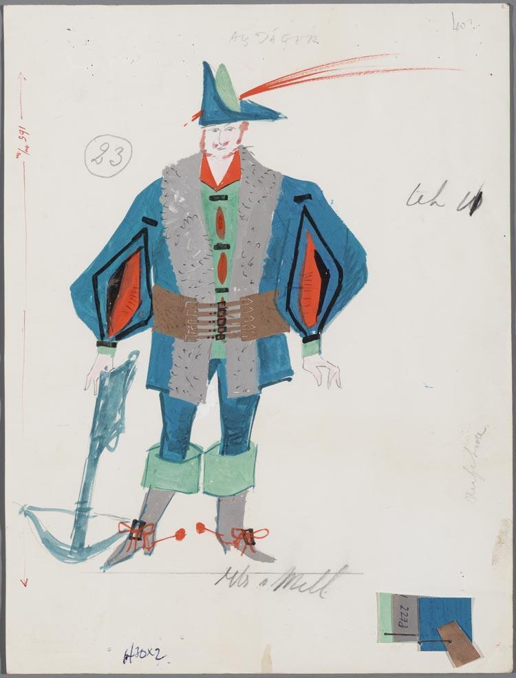 Kostuumontwerp voor Arnold van Mill als Jager in Die Lustigen Weiber von Windsor (Otto Nicolai) door Ruodi Barth