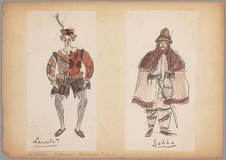 Kostuumontwerpen voor Lancelot en Gobbo in De Koopman van Venetië