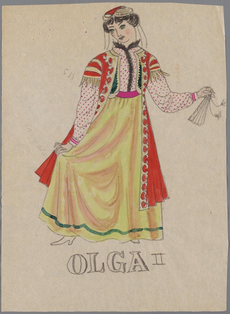 Kostuumontwerp voor Cora Canne Meijer als Olga in Die Lustige Witwe (Franz Léhar) door Theo Kurpershoek