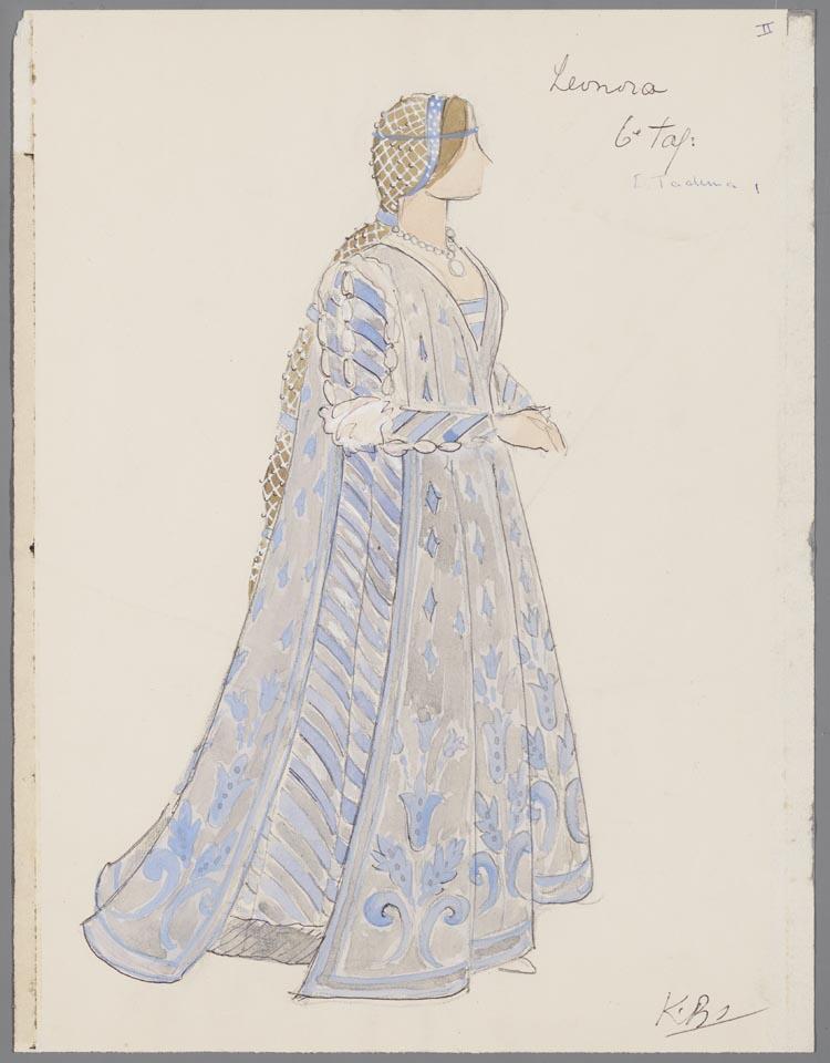 Kostuumontwerp voor Dini Tadema als Leonora in Il Trovatore (Giuseppe Verdi) door Karel Bruckman