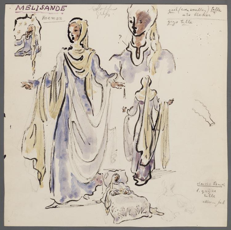 Kostuumontwerp voor Greet Koeman als Melisande uit Pelleas en Melisande (Claude Debussy) door Gerard Hordijk