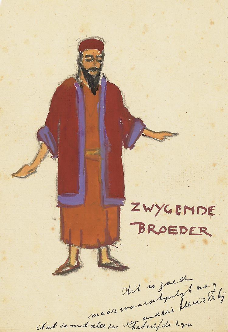 Kostuumontwerp voor Mari van Warmelo als een Zwijgende Broeder in Joseph in Dothan