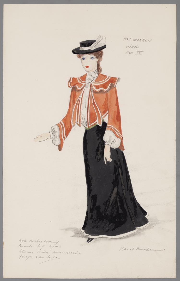 Kostuumontwerp voor Manon Alving als Vivie in Mrs. Warren's Bedrijf (George Bernard Shaw) door Karel Bruckman
