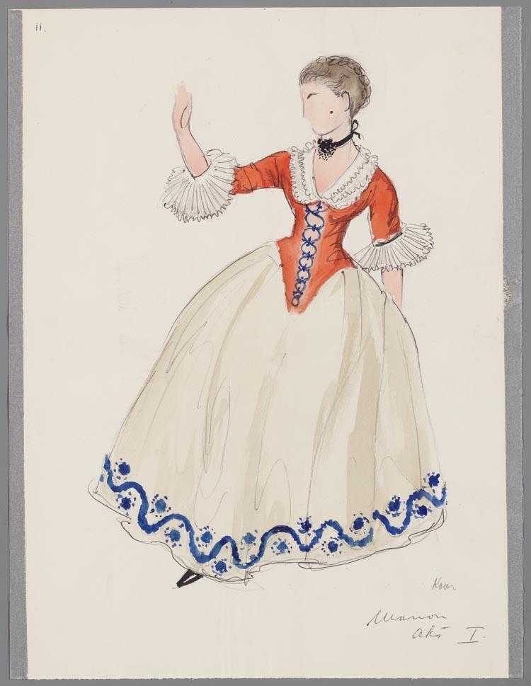 Kostuumontwerp voor Anneke van der Graaf als Manon in Manon Lescaut (Giacomo Puccini) door Karel Bruckman