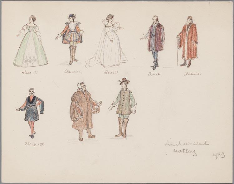 Kostuumontwerpen voor verschillende personages in Much Ado about Nothing van William Shakespeare, door F.W.S. van Thienen
