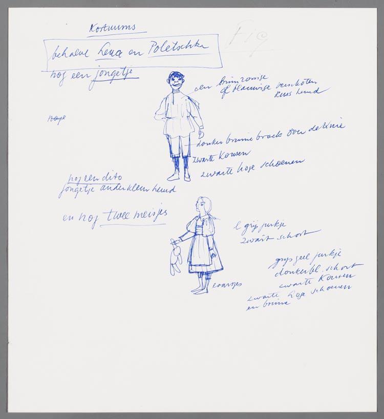 Voorstudie voor kostuums voor een jongetje en twee meisjes uit Raskolnikoff (Heinrich Sutermeister)