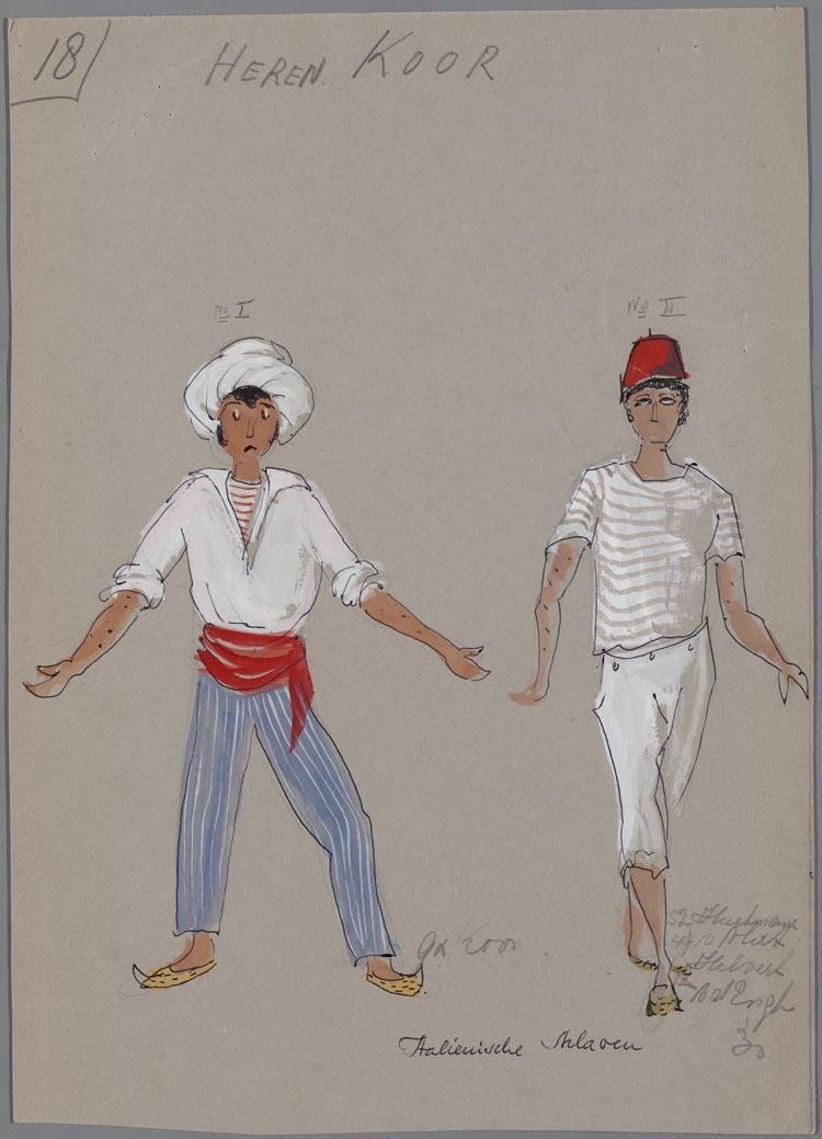 Kostuumontwerp voor twee Italiaanse slaven in L' Italiana in Algeri (Gioacchino Rossini) door Jan Schlubach