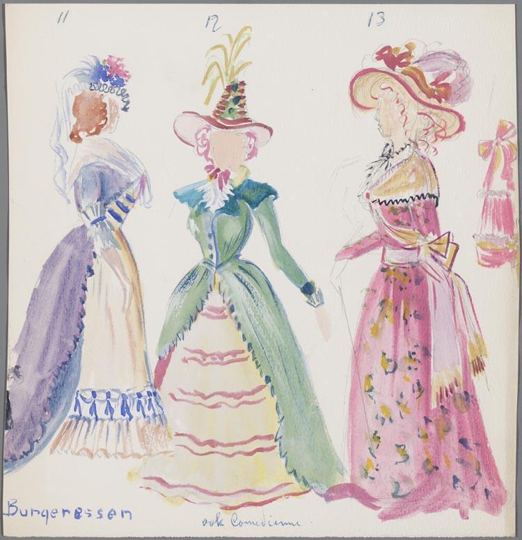 Kostuumontwerpen voor drie burgeressen uit Mignon (Ambroise Thomas) door Wim Vesseur