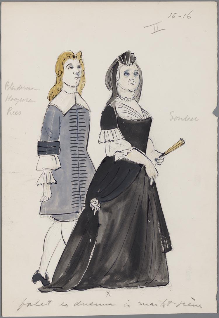 Kostuumontwerpen voor een man en een vrouw in Martha (Friedrich van Flotow) door Friso Wiegersma