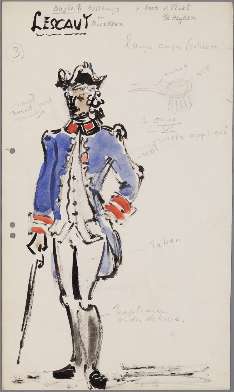 Kostuumontwerp voor Gerard Holthaus als Lescaut uit Manon (Jules Massenet) door Gerard Hordijk