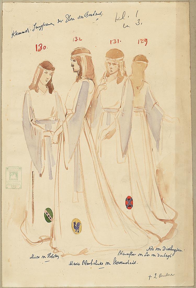 Kostuumontwerp voor Minca von Hoboken, Maria Blankahonte, Blancefloer von Los von Dasbergh en Ada von Disthuyten: de jonkvrouwen van Elsa von Brabant in Lohengrin