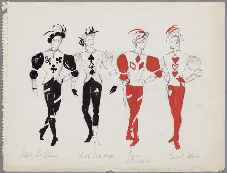 Kostuumontwerp voor Klaverboer, Schoppenboer, Ruitenboer en Hartenboer in Jeu de Cartes (Igor Stravinsky) door Henk de Vos