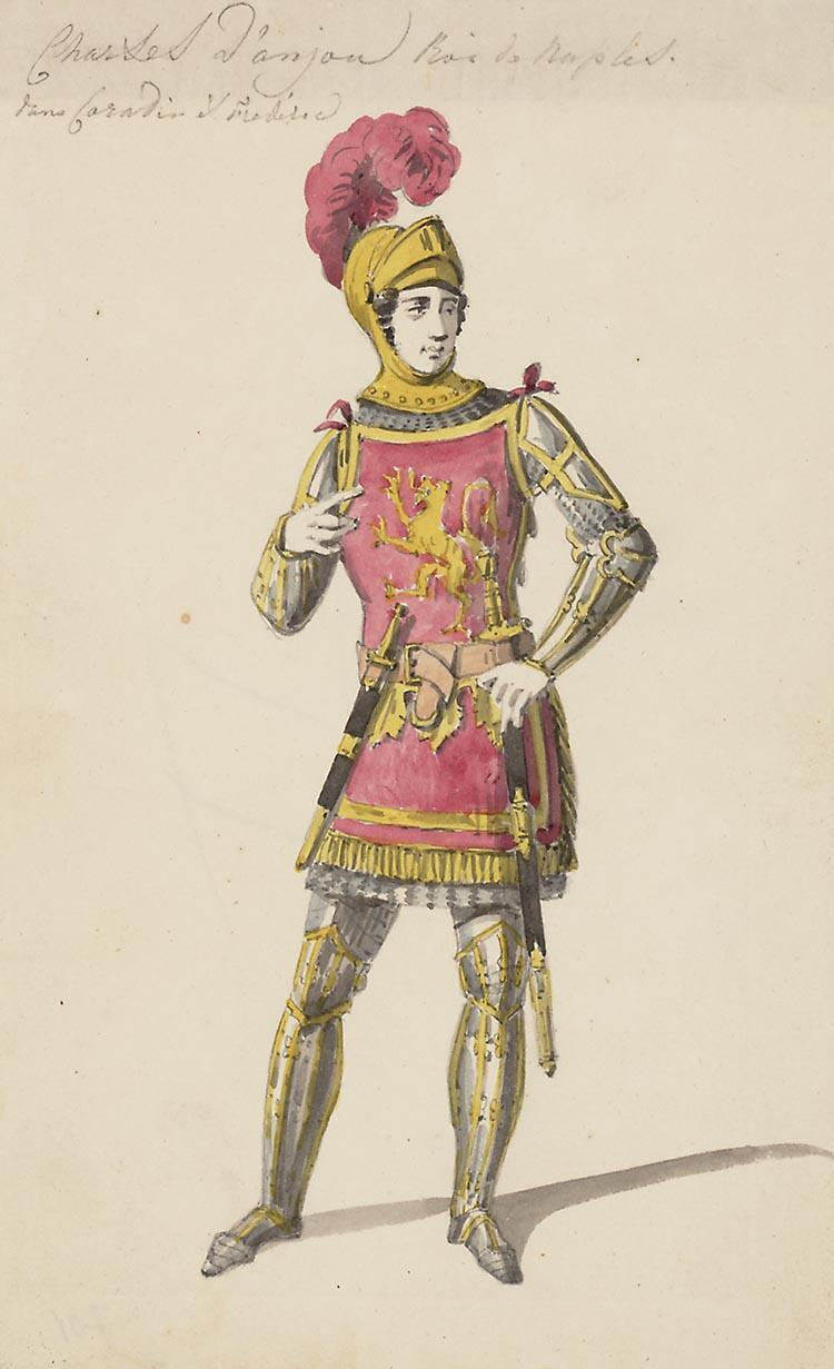 Kostuumontwerp voor Charles d' njon, Roi de Naples in Coradin et Frederico