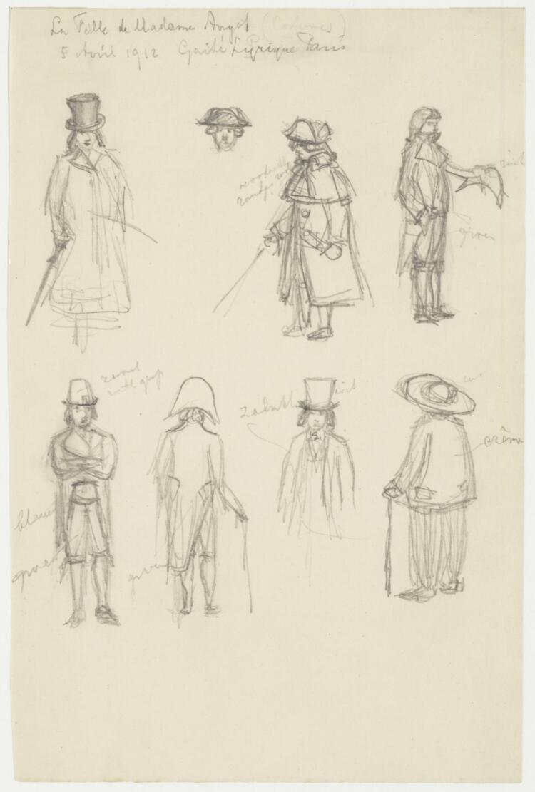 Blad met kostuumontwerpen voor La fille de Madame Angot