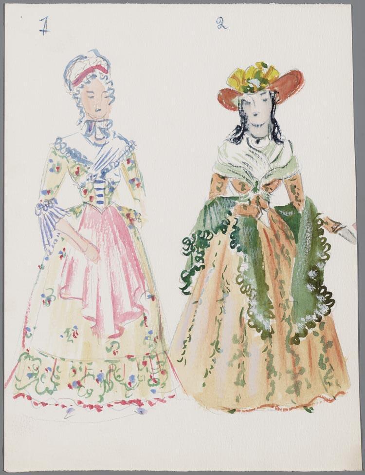 Kostuumontwerpen voor twee vrouwen in Mignon (Ambroise Thomas) door Wim Vesseur