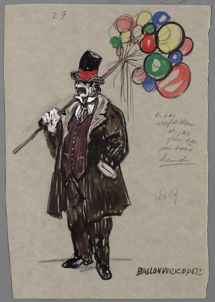 Kostuumontwerp voor de ballonverkoper uit Raskolnikoff (Heinrich Sutermeister)