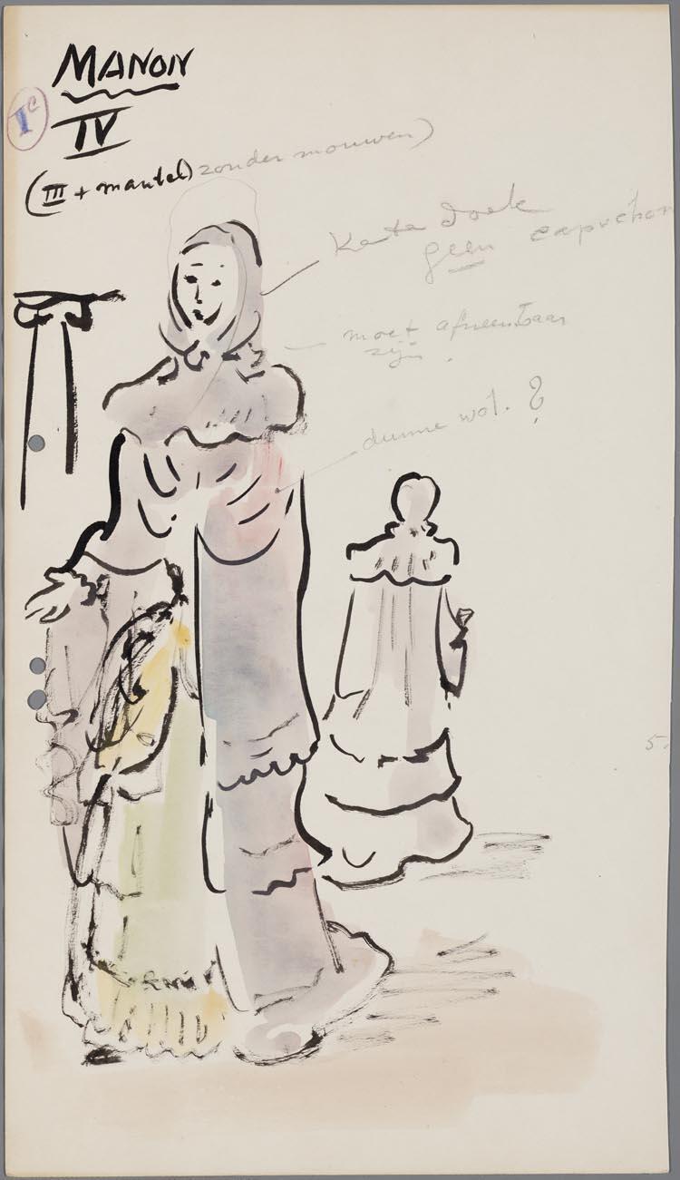 Kostuumontwerp voor Louise de Vries als Manon uit Manon (Jules Massenet) door Gerard Hordijk