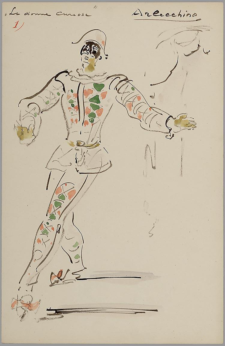 Kostuumontwerp voor Arlecchino in Le Donne Cureose