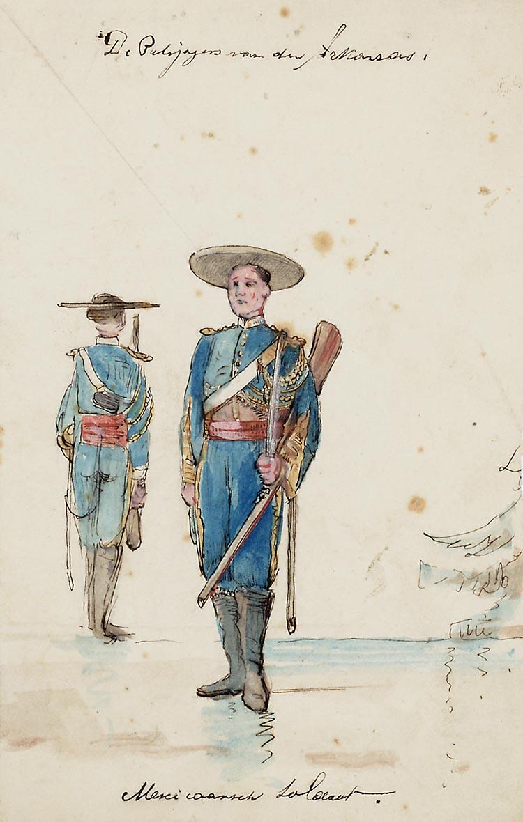 Kostuumontwerp voor een Mexicaanse soldaat uit De pelsjagers van den Arkansas